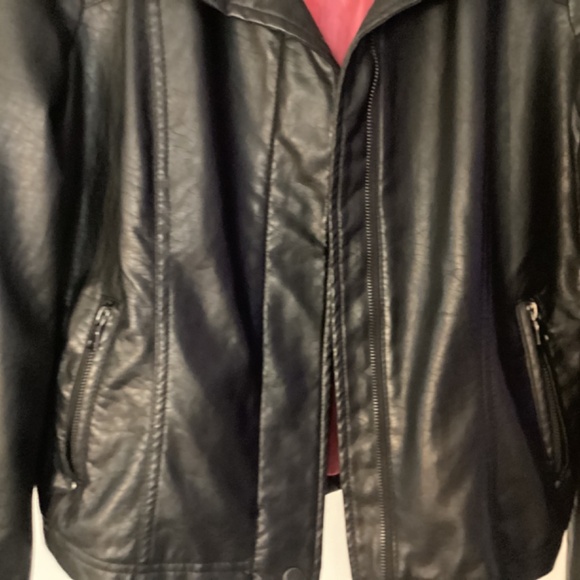 Faux Leather Biker Jacket w/ Knit Ribbed Details - Picture 2 of 9